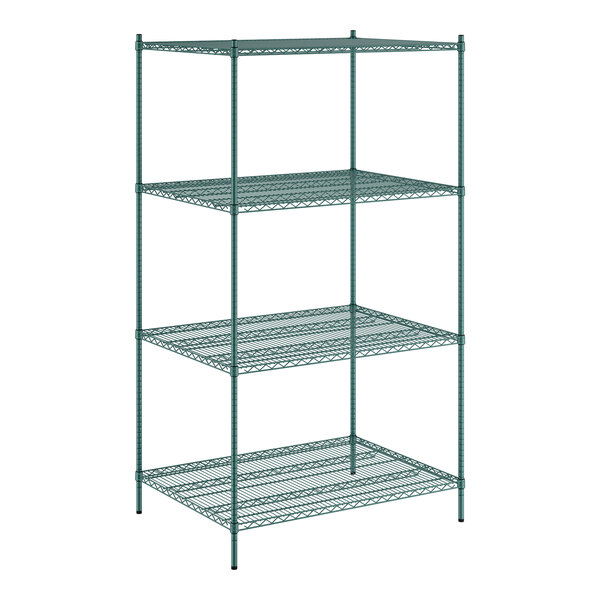 A green wire shelving unit with four shelves.