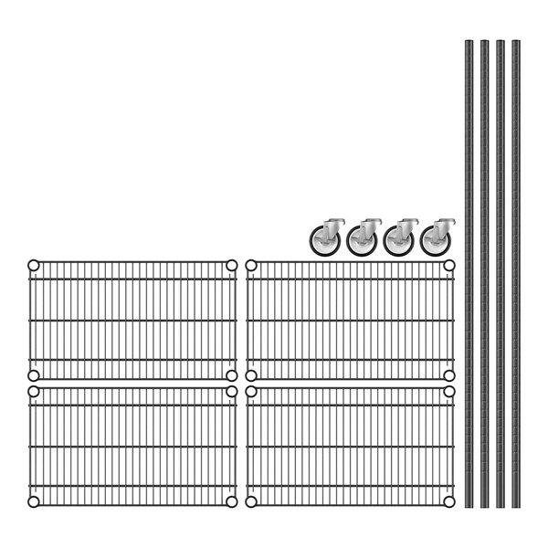 A drawing of a Regency black wire shelving unit with wheels.