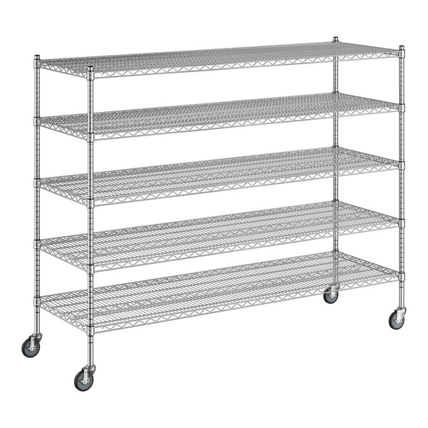 A Regency chrome wire shelving unit with wheels.