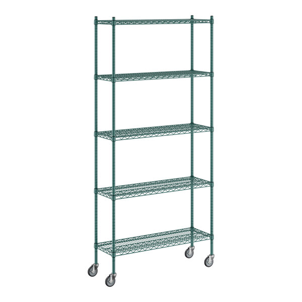 A green Regency wire shelving unit with wheels.