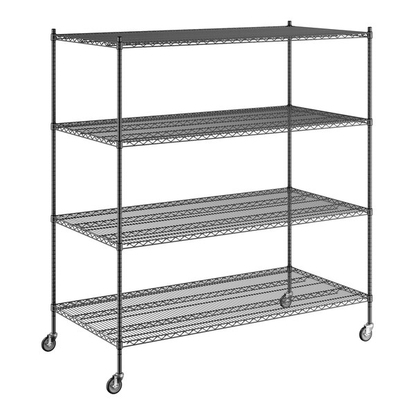 A Regency black wire shelving unit with wheels.