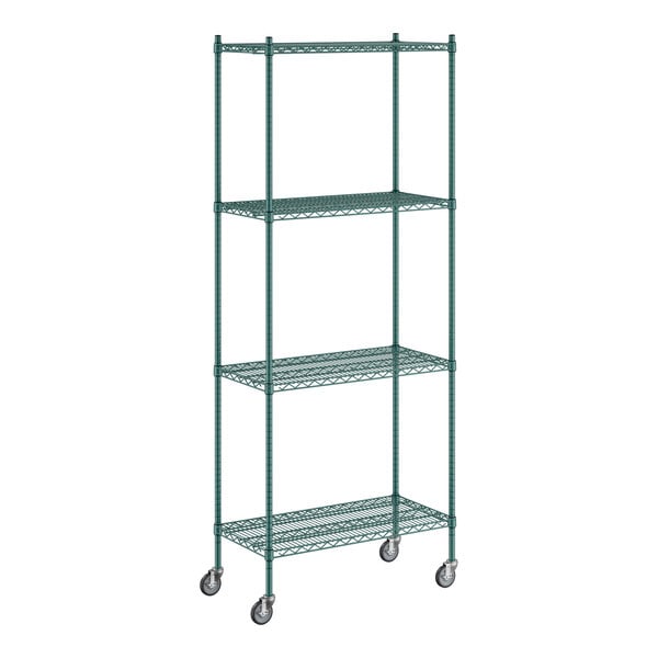 A Regency green wire shelving unit with wheels.