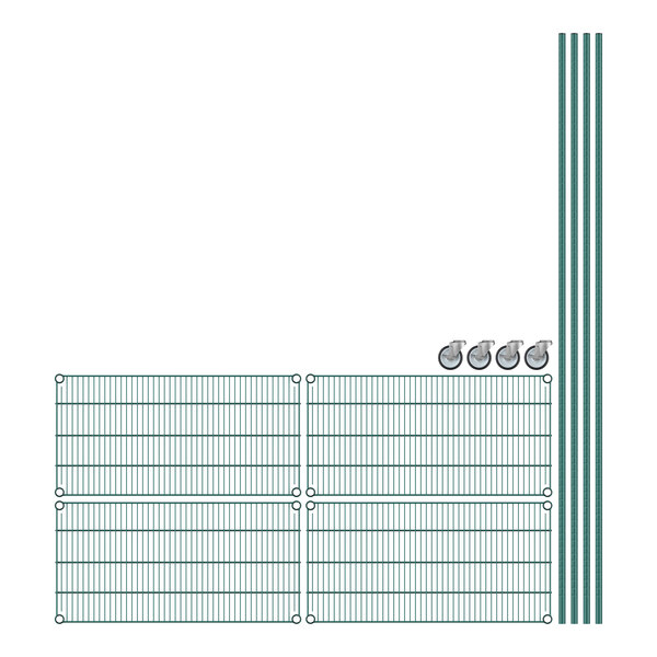 A Regency green wire shelving unit with metal grid shelves.