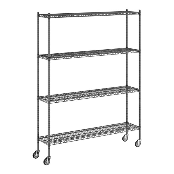 A Regency black wire shelving unit with wheels.