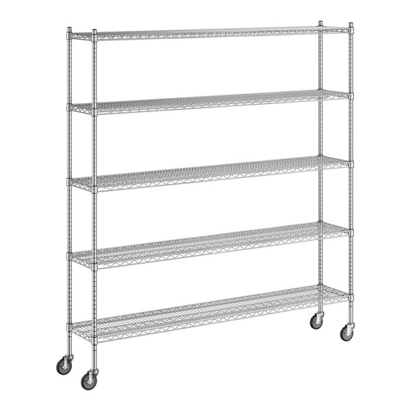 A Regency chrome wire shelving unit with wheels.