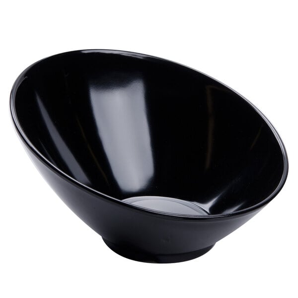 A black slanted melamine bowl on a white background.