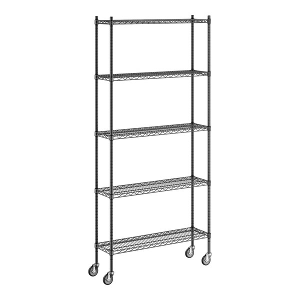 A Regency black wire shelving unit with wheels.