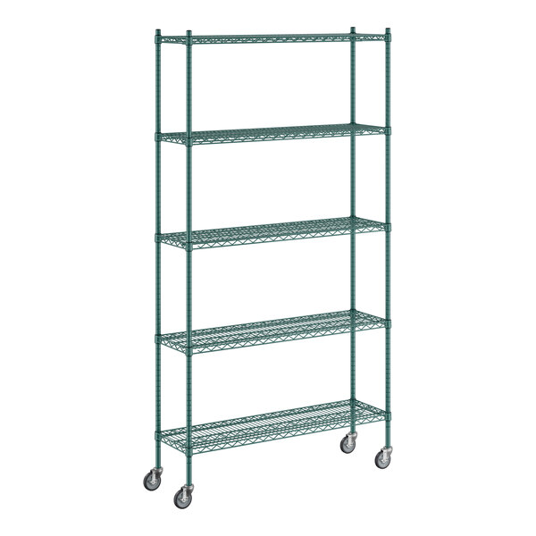 A Regency green wire shelving unit with wheels.