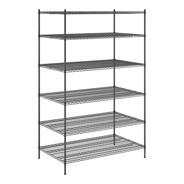 A black metal Regency stationary wire shelving unit with six shelves.