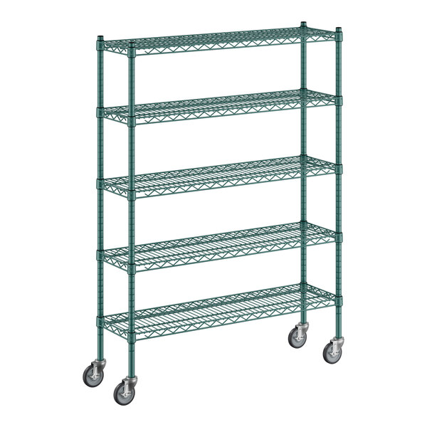 A Regency green metal wire shelving unit with wheels.