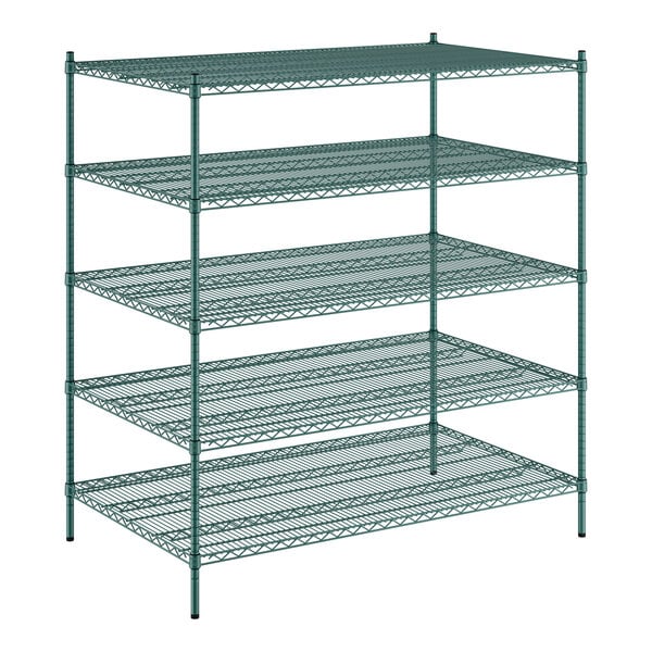 A green metal wire shelving unit with four shelves.