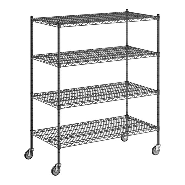 A black metal Regency wire shelving unit with wheels.