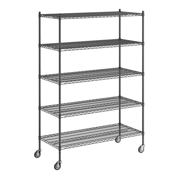 A Regency black wire shelving unit with wheels.