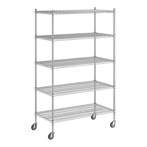 A white wireframe of a Regency chrome wire shelving unit with four shelves.