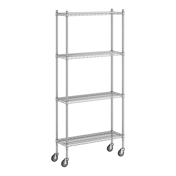 A Regency chrome wire shelving unit with wheels.