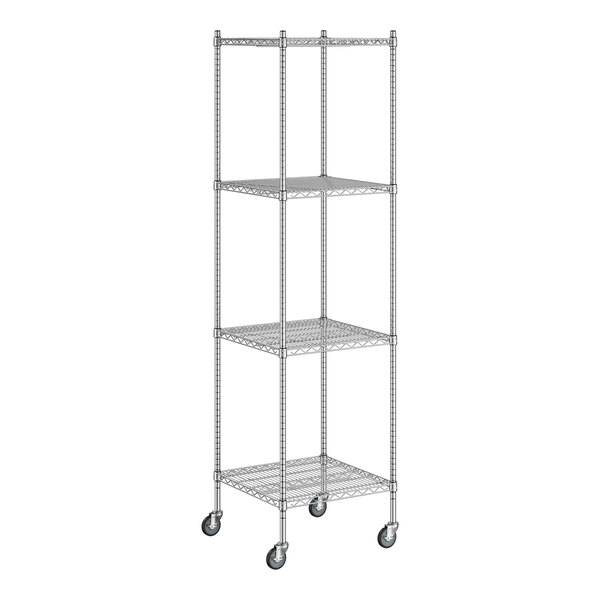 A Regency chrome wire shelving unit with wheels.