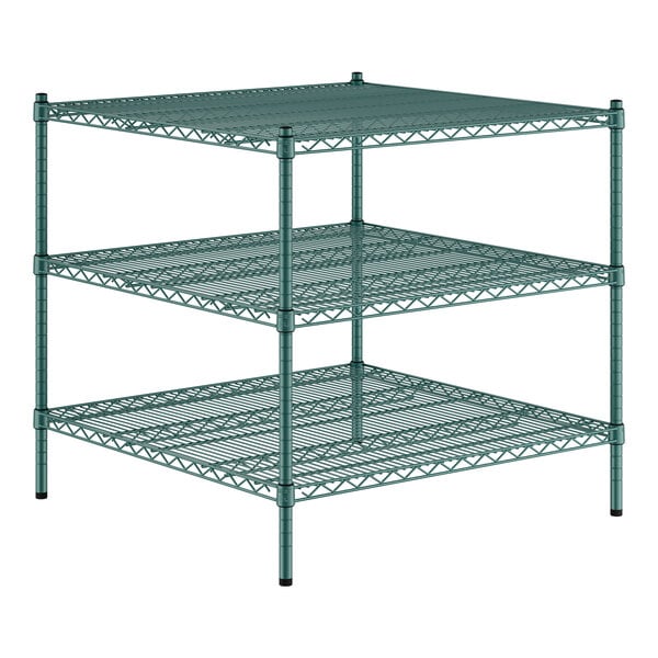 A Regency green epoxy wire shelving unit with three shelves.