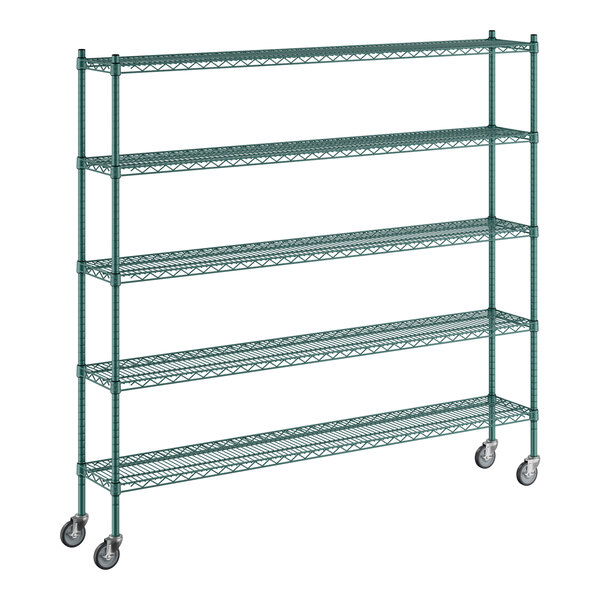 A Regency green metal wire shelving starter kit with wheels.