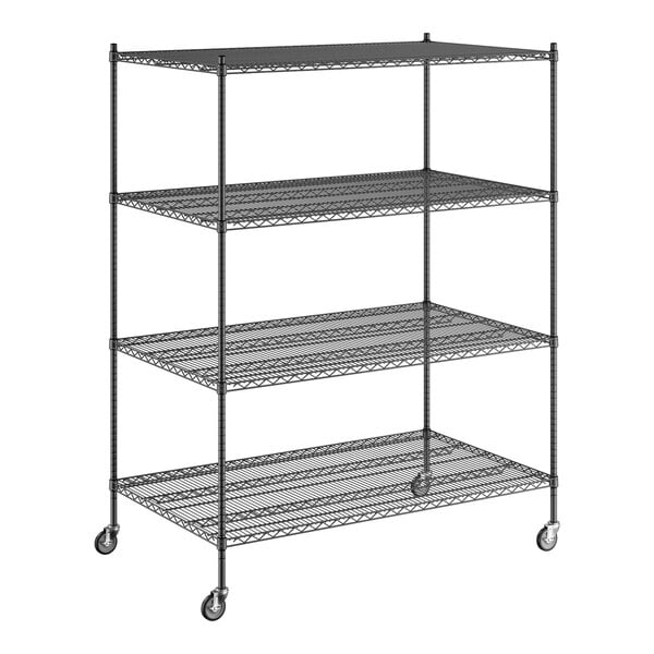 A Regency black wire shelving unit with wheels.