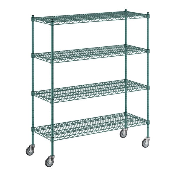 A green metal Regency wire shelving unit with four wheels.
