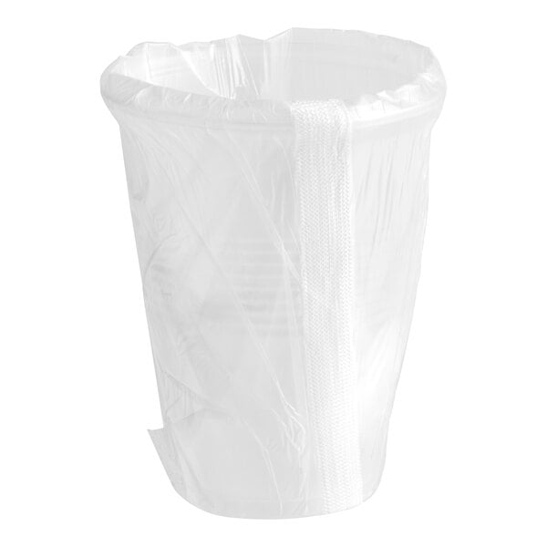 A translucent plastic cup wrapped in plastic.