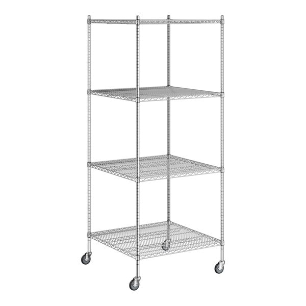 A Regency chrome mobile wire shelving starter kit with 4 shelves on wheels.