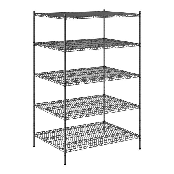 A Regency black wire shelving unit with five shelves.