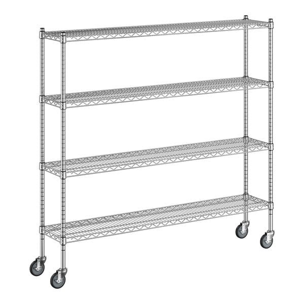 A Regency chrome wire shelving unit with wheels.