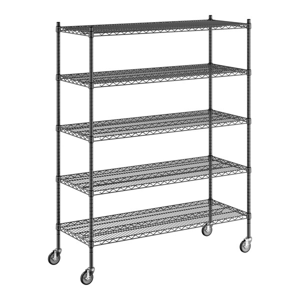 A Regency black wire shelving unit with wheels.