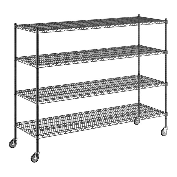 A black metal Regency wire shelving unit with wheels.