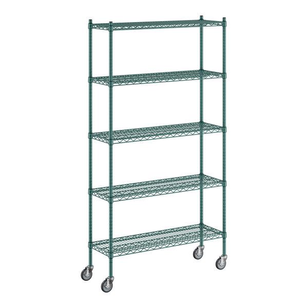 A green metal Regency wire shelving unit with wheels.