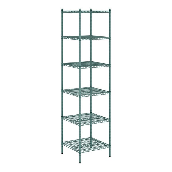 A green metal Regency wire shelving unit with six shelves.