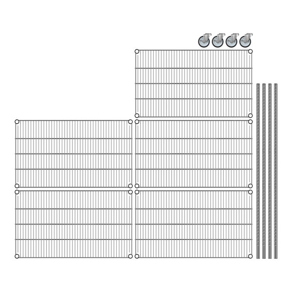 A Regency chrome wire shelving unit with wheels. A grid of metal rods with a few wheels attached.