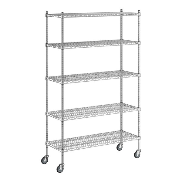 A Regency stainless steel wire shelving unit with wheels.