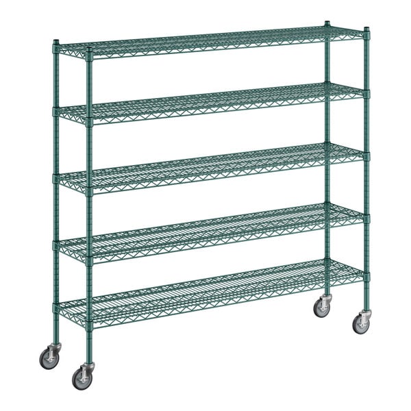 A Regency green wire shelving unit with wheels.