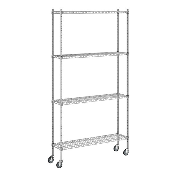 A Regency chrome wire shelving unit with wheels.