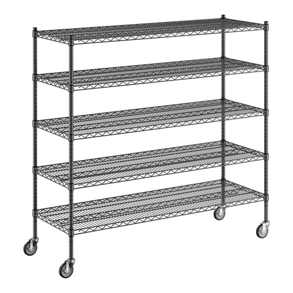 A black wire Regency shelving unit with wheels.