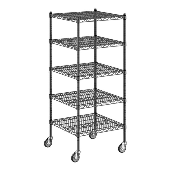 A Regency black wire shelving unit with wheels and five shelves.