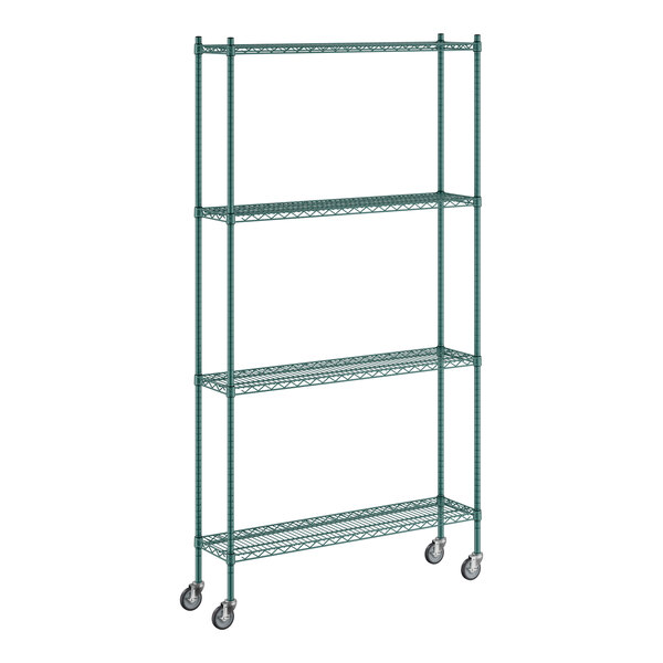 A green Regency wire shelving unit with wheels.