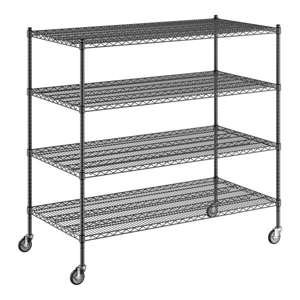 A Regency black wire shelving unit with wheels.