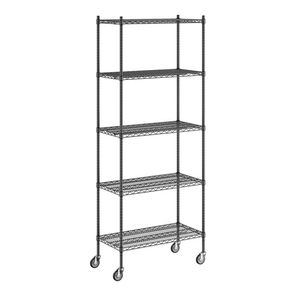 A Regency black wire shelving unit with wheels.