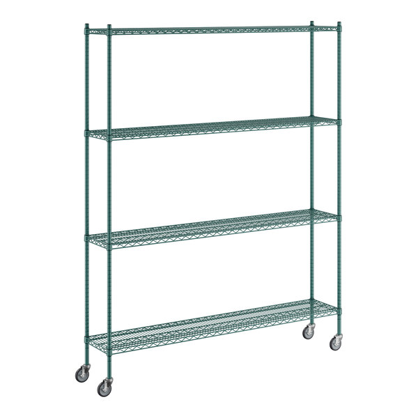 A Regency green wire shelving unit with wheels.