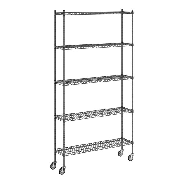 A Regency black wire shelving unit with wheels.