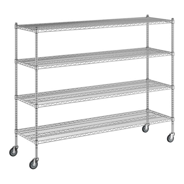 A Regency chrome wire shelving unit with wheels.