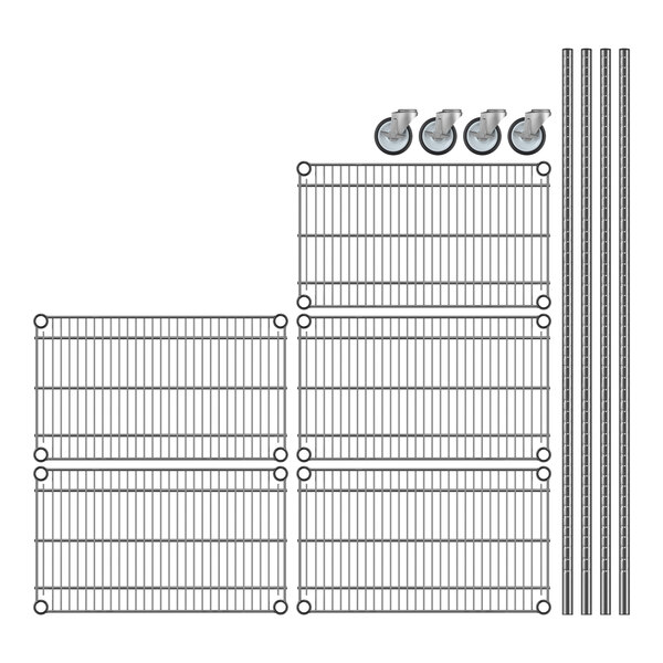 A Regency chrome wire rack with wheels and metal rods.