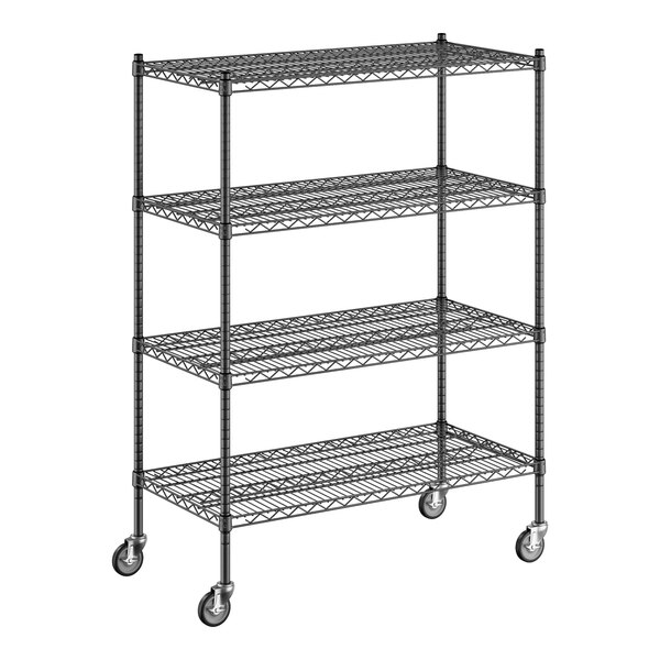 A black Regency wire shelving unit with wheels.