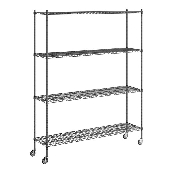 A black wire Regency mobile shelving unit with 4 shelves and wheels.