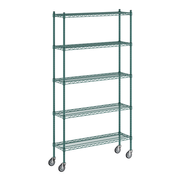 A Regency green wire shelving unit with wheels.