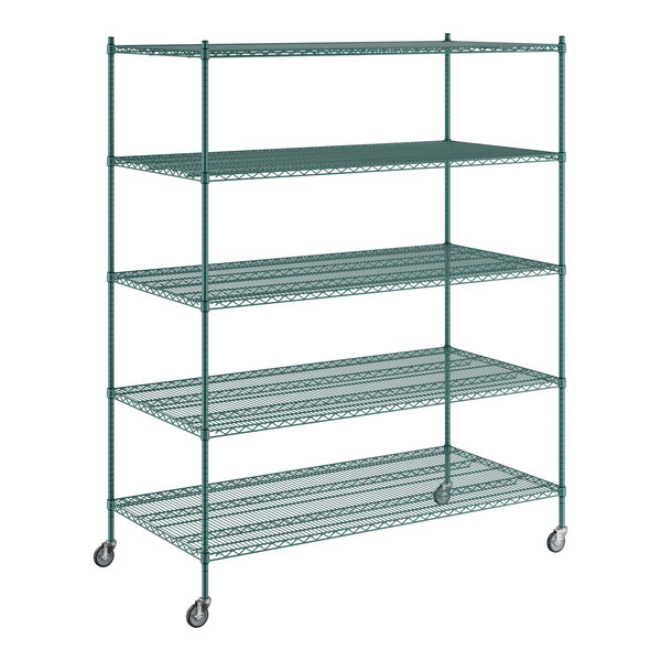A Regency green wire shelving unit with wheels.