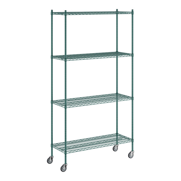 A Regency green wire shelving unit with wheels.